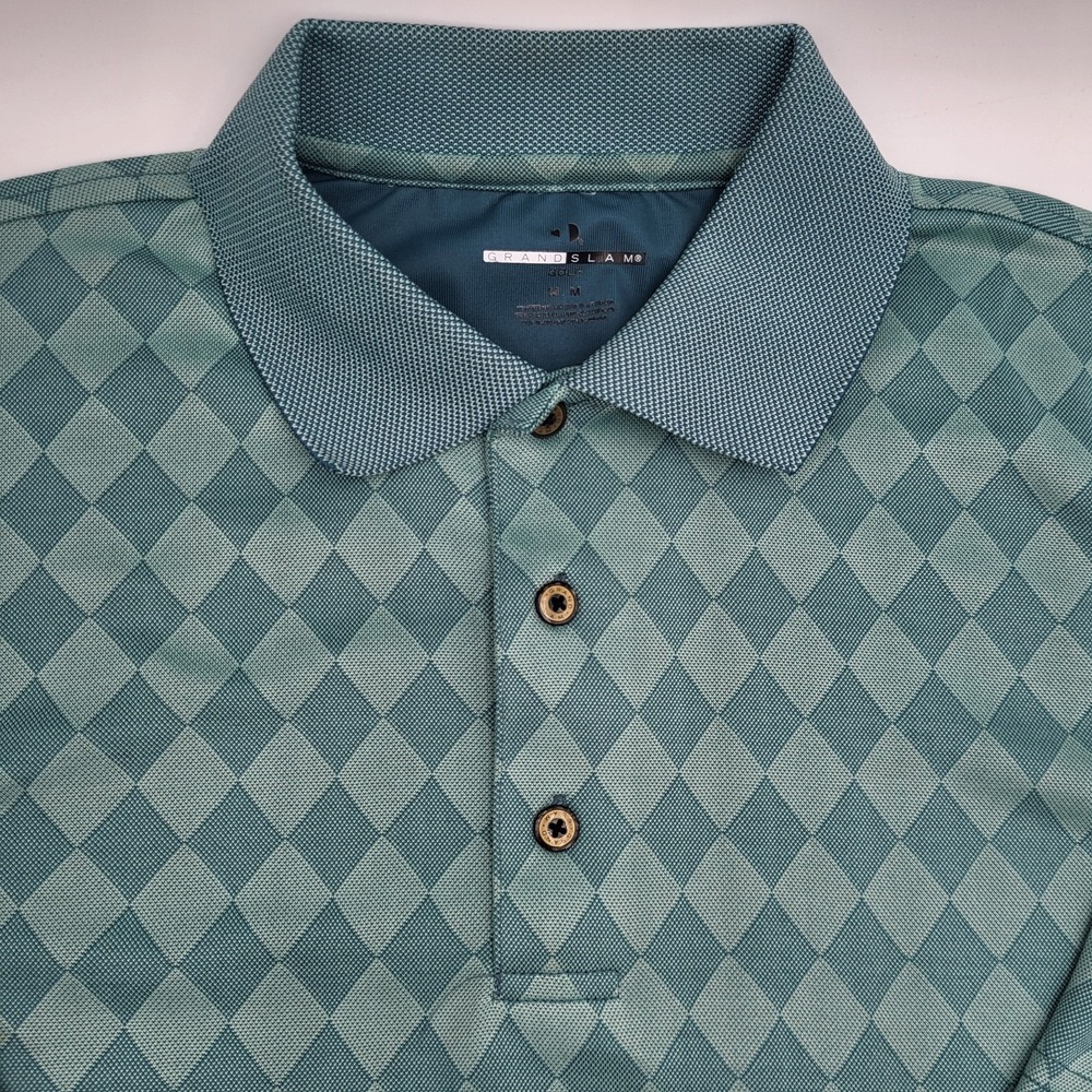 Grand Slam Polo Shirt Men's‎ Medium Green Argyle/Diamond Short Sleeve Golfing